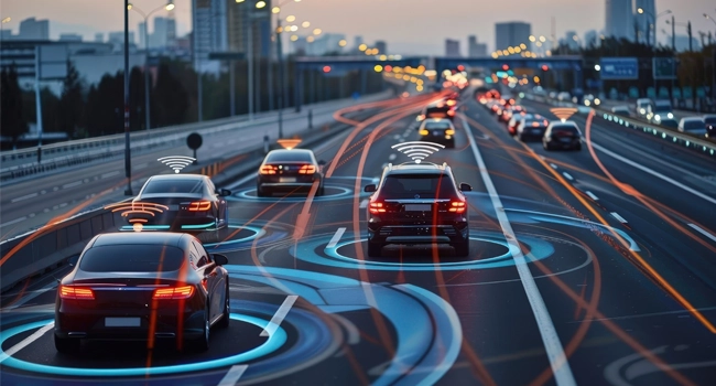 cars on freeway with graphics of safety features around the cars